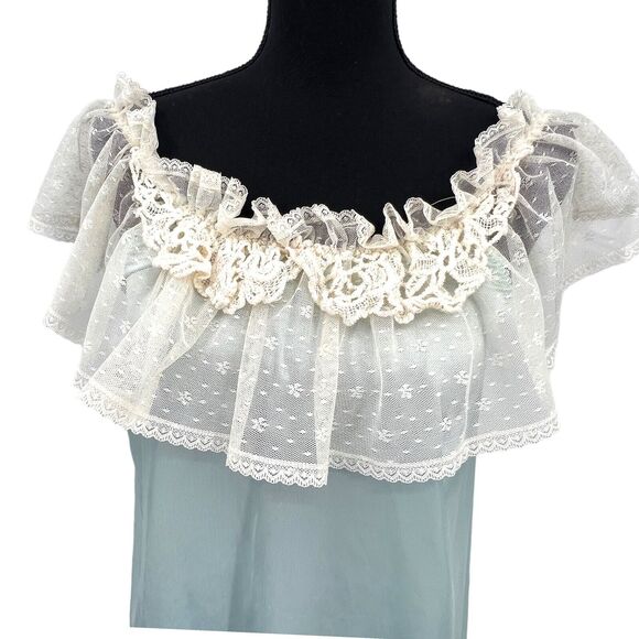 Vintage Lily Of France Ivory Crochet Lace Trim Blue Satin‎ Polyester Nightgown - Picture 2 of 8
